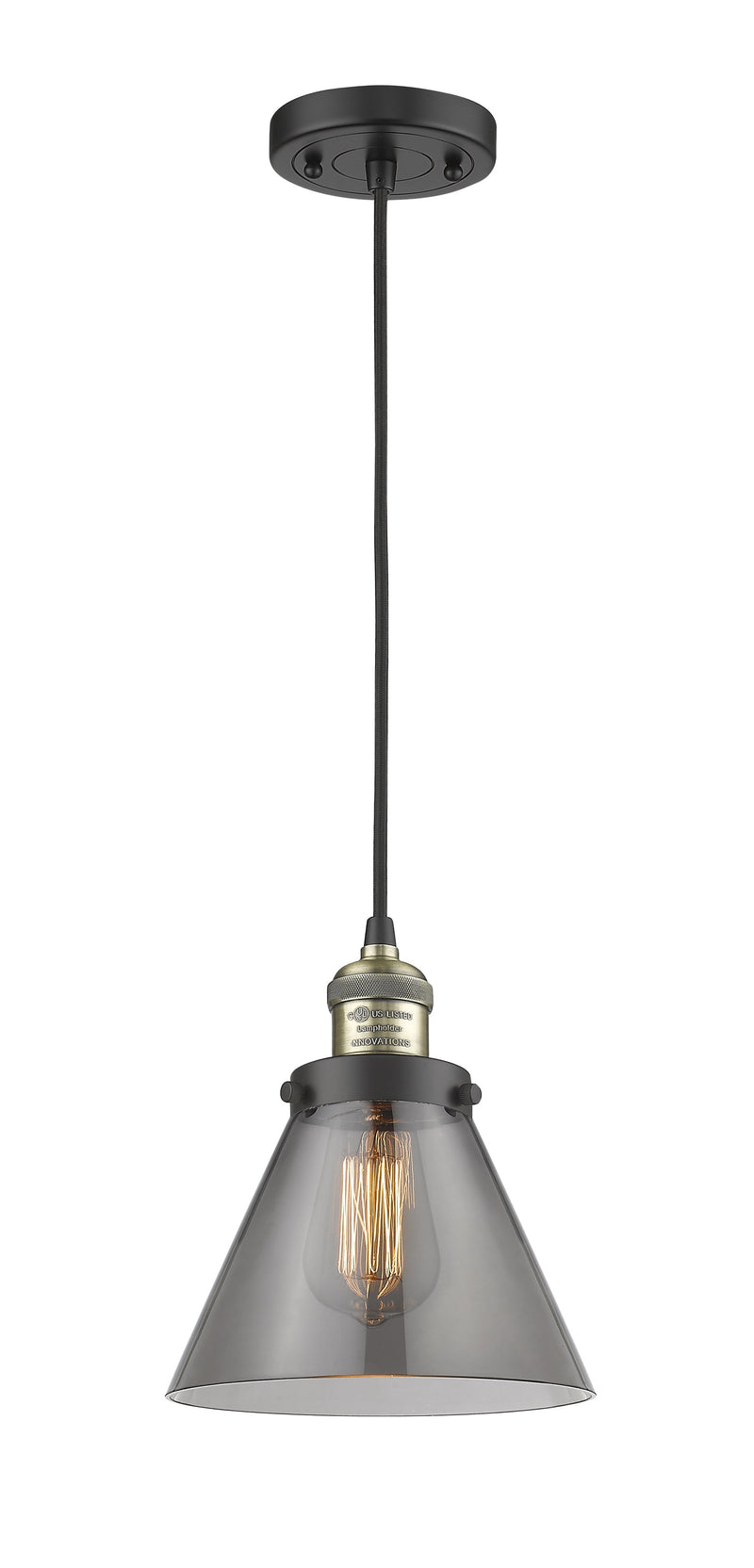 Innovations Lighting Large Cone 1-100 watt 8 inch Black Antique Brass Mini Pendant  Smoked glass 201CBABG43