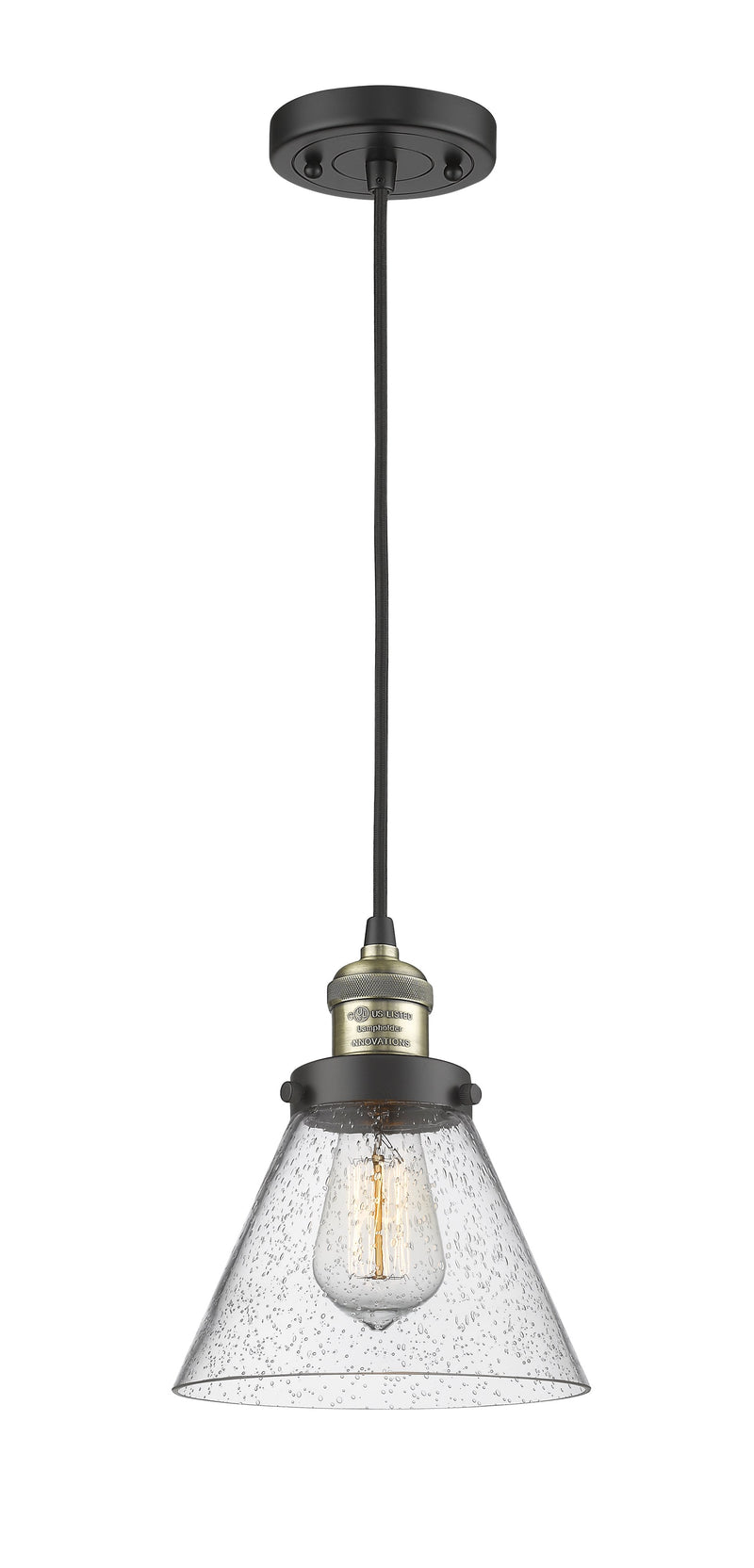 Innovations Lighting Large Cone 1-100 watt 8 inch Black Antique Brass Mini Pendant  Seedy glass 201CBABG44