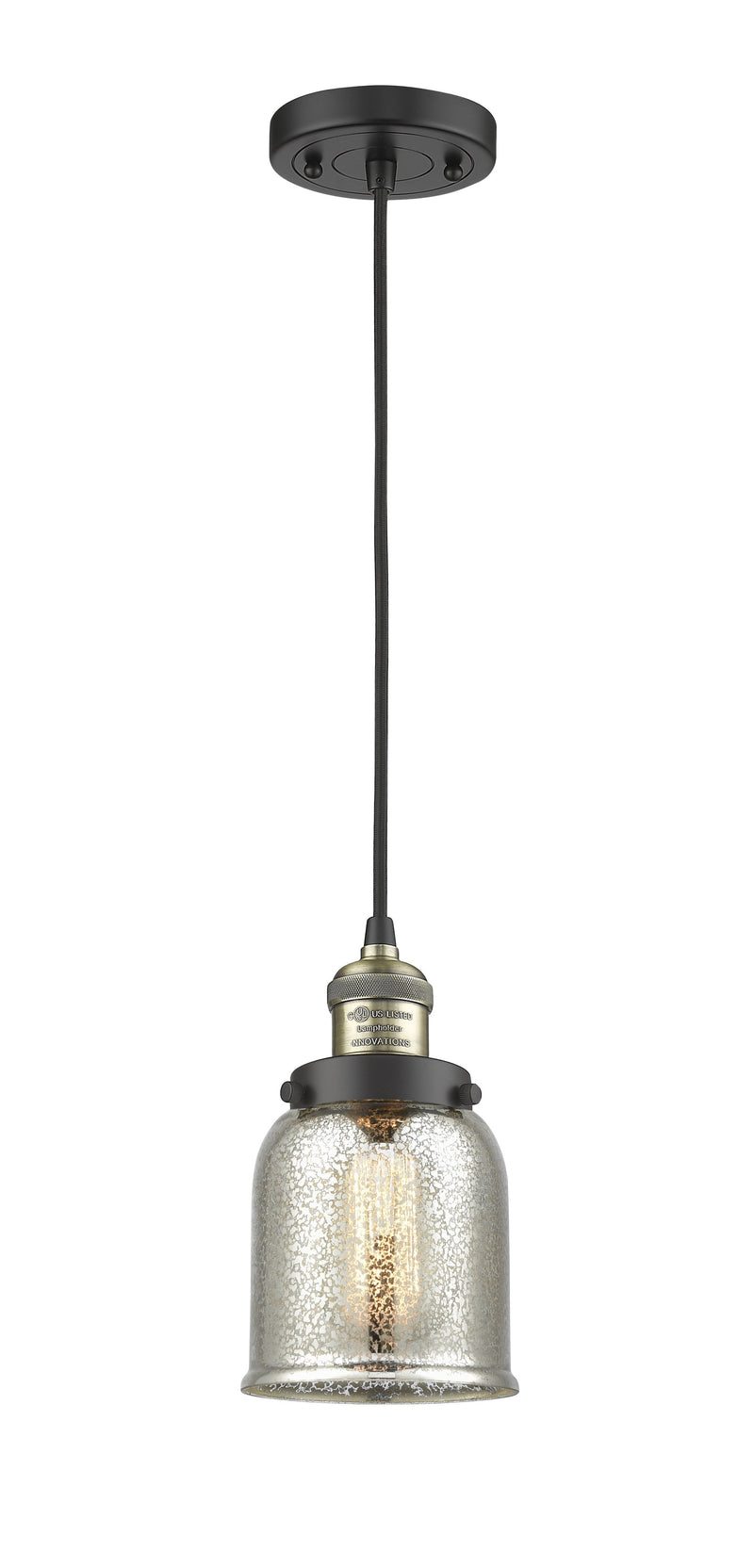 Innovations Lighting Small Bell 1-100 watt 5 inch Black Antique Brass Mini Pendant  Silver Plated Mercury glass 201CBABG58