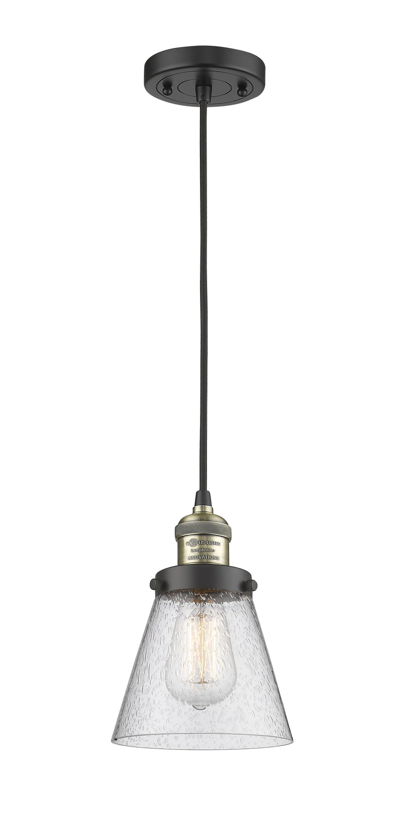 Innovations Lighting Small Cone 1-100 watt 6 inch Black Antique Brass Mini Pendant  Seedy glass 201CBABG64