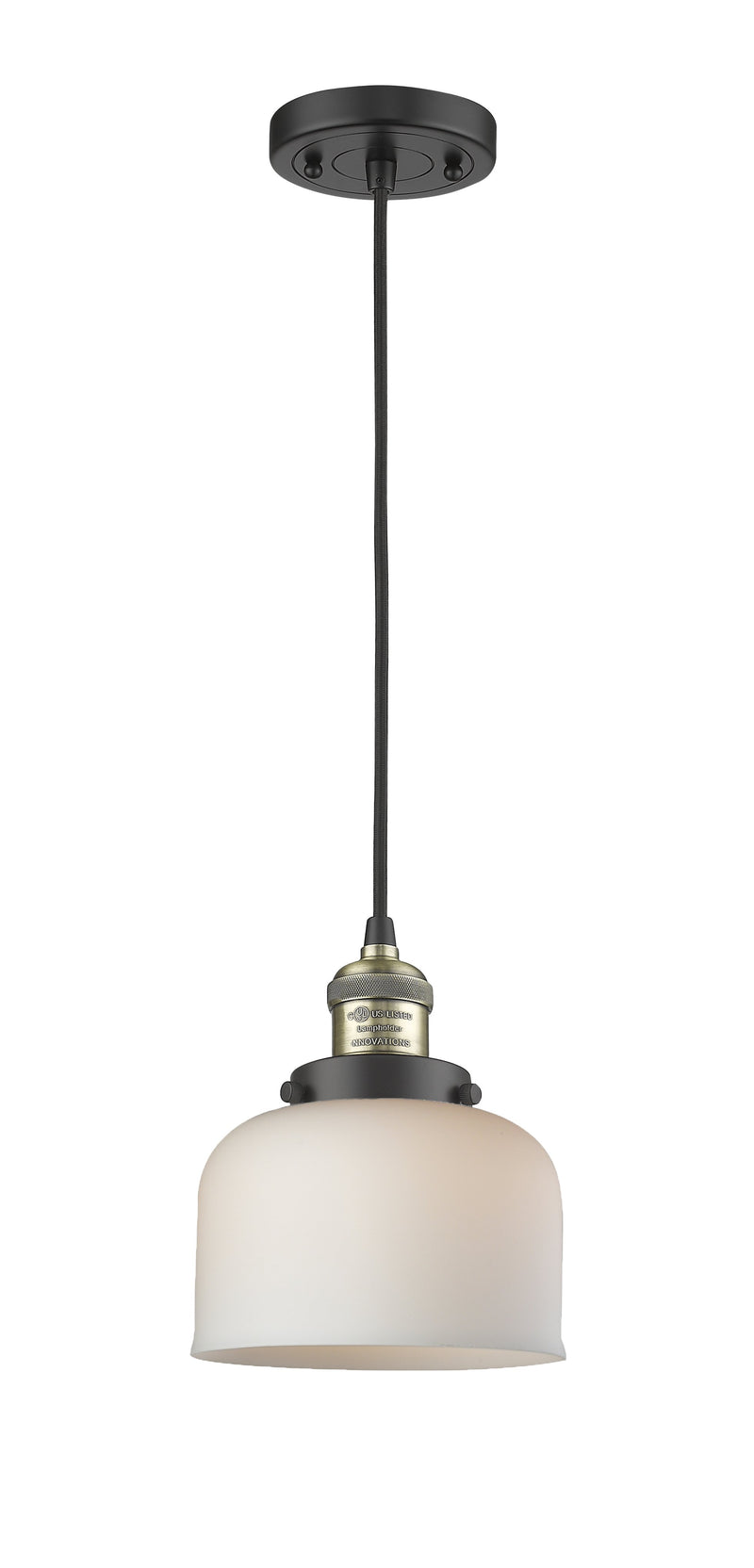 Innovations Lighting Large Bell 1-100 watt 8 inch Black Antique Brass Mini Pendant  Matte White Cased glass 201CBABG71