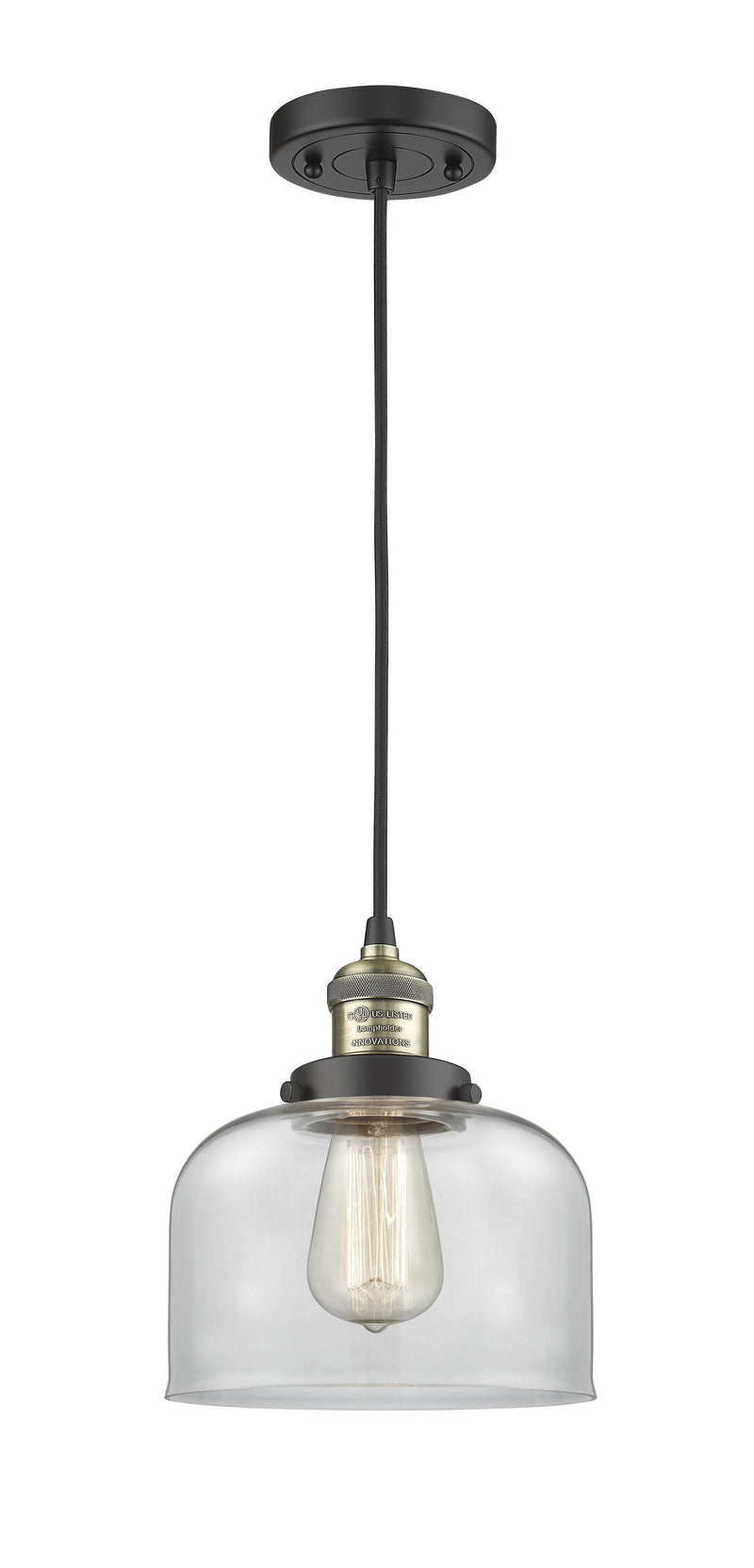 Innovations Lighting Large Bell 1-100 watt 8 inch Black Antique Brass Mini Pendant  Clear glass 201CBABG72