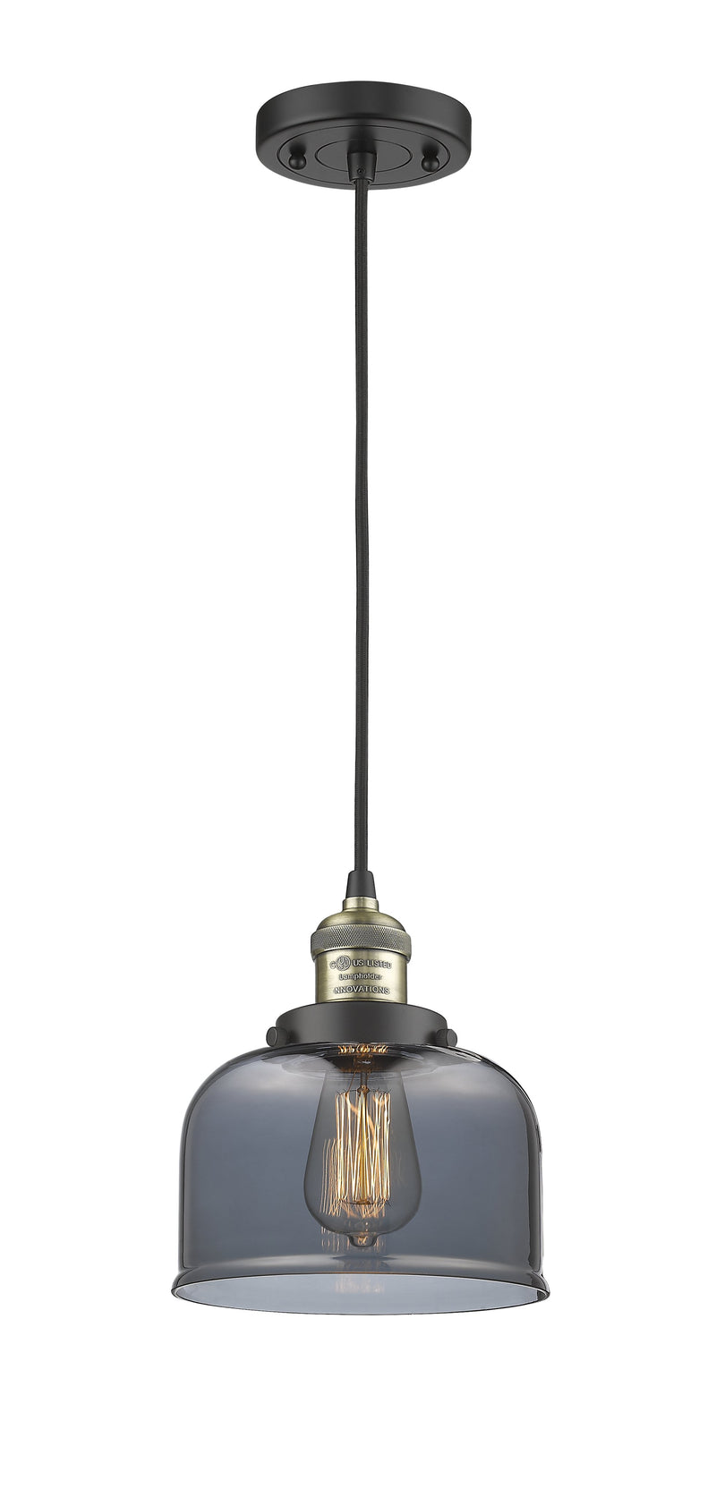 Innovations Lighting Large Bell 1-100 watt 8 inch Black Antique Brass Mini Pendant  Smoked glass 201CBABG73