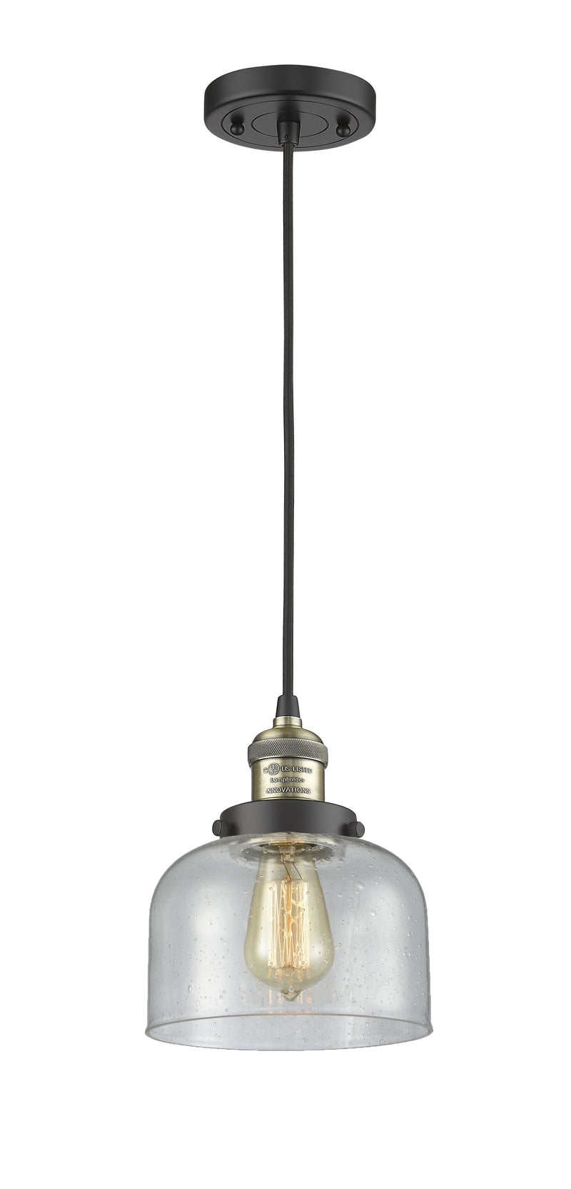 Innovations Lighting Large Bell 1-100 watt 8 inch Black Antique Brass Mini Pendant  Seedy glass 201CBABG74