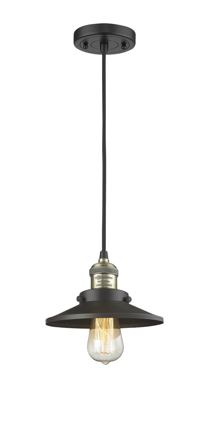 Innovations Lighting Railroad 1-100 watt 8 inch Black Antique Brass Mini Pendant  Matte Black Railroad shades  201CBABM6