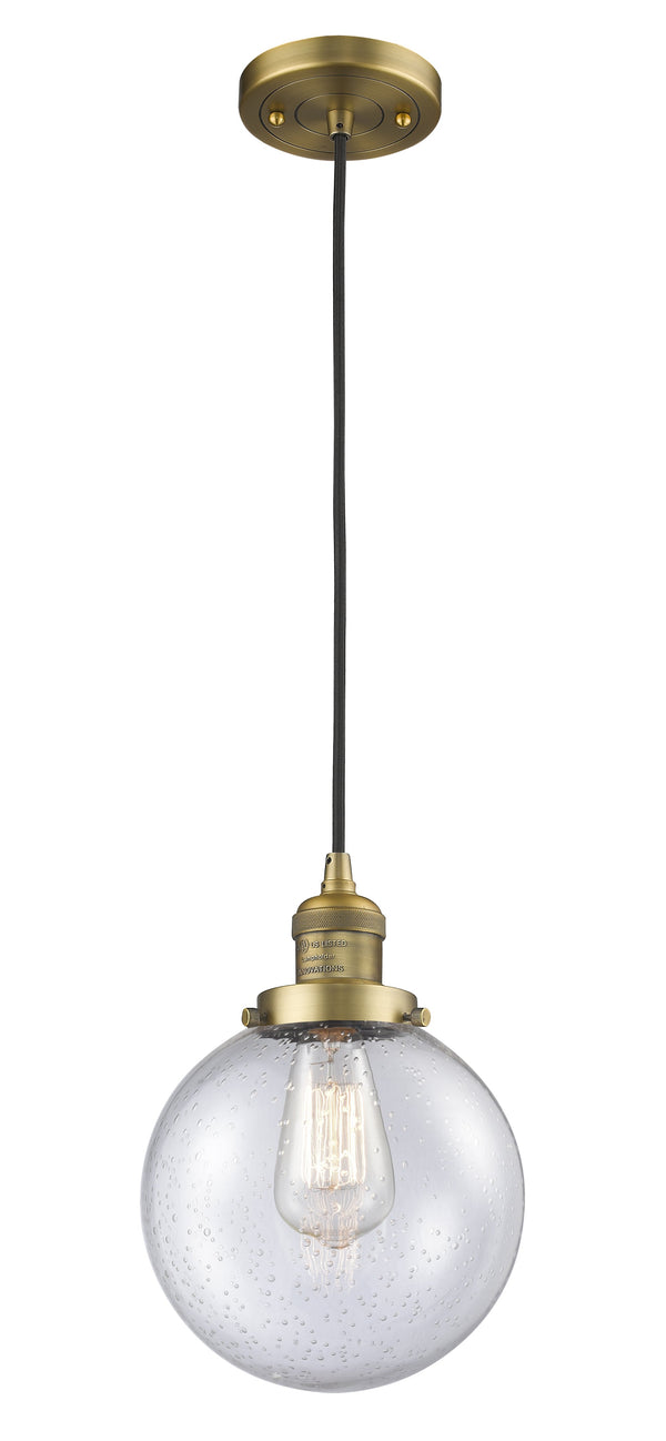 Innovations Lighting Beacon 1-100 watt 8 inch Brushed Brass Mini Pendant  Seedy glass 201CBBG2048