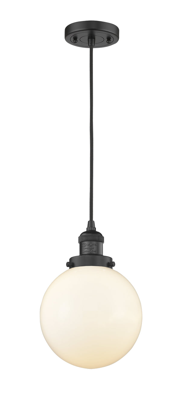 Innovations Lighting Beacon 1-100 watt 8 inch Black Mini Pendant  Matte White Cased glass 201CBKG2018