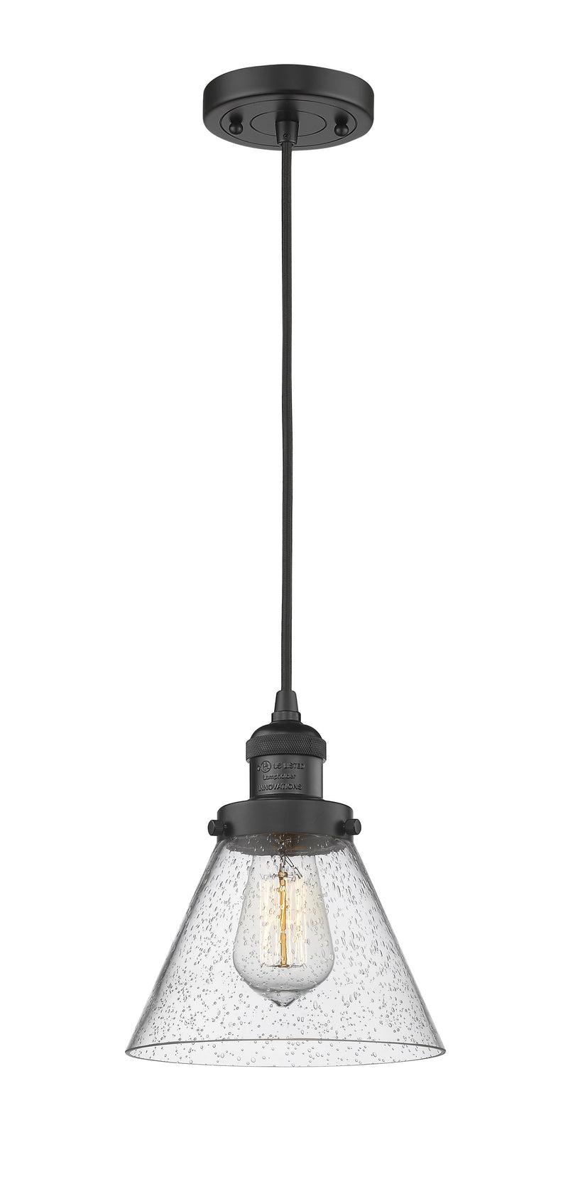 Innovations Lighting Large Cone 1-100 watt 8 inch Black Mini Pendant  Seedy glass 201CBKG44