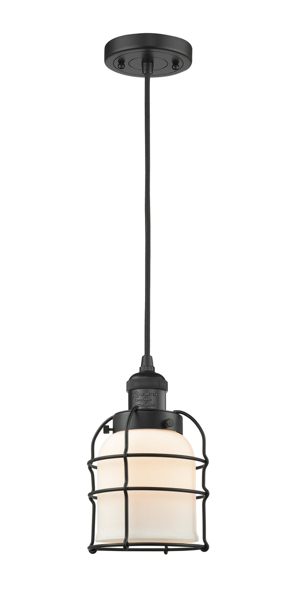 Innovations Lighting Small Bell Cage 1-100 watt 8 inch Black Mini Pendant  Matte White Cased glass 201CBKG51CE