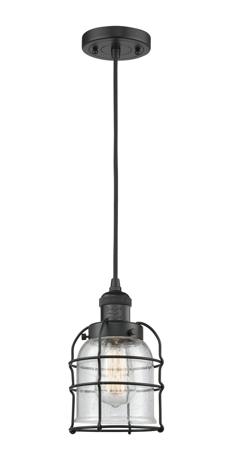 Innovations Lighting Small Bell Cage 1-100 watt 8 inch Black Mini Pendant  Seedy glass 201CBKG54CE