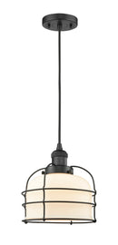 Innovations Lighting Large Bell Cage 1-100 watt 8 inch Black Mini Pendant  Matte White Cased glass 201CBKG71CE