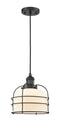 Innovations Lighting Large Bell Cage 1-100 watt 8 inch Black Mini Pendant  Matte White Cased glass 201CBKG71CE