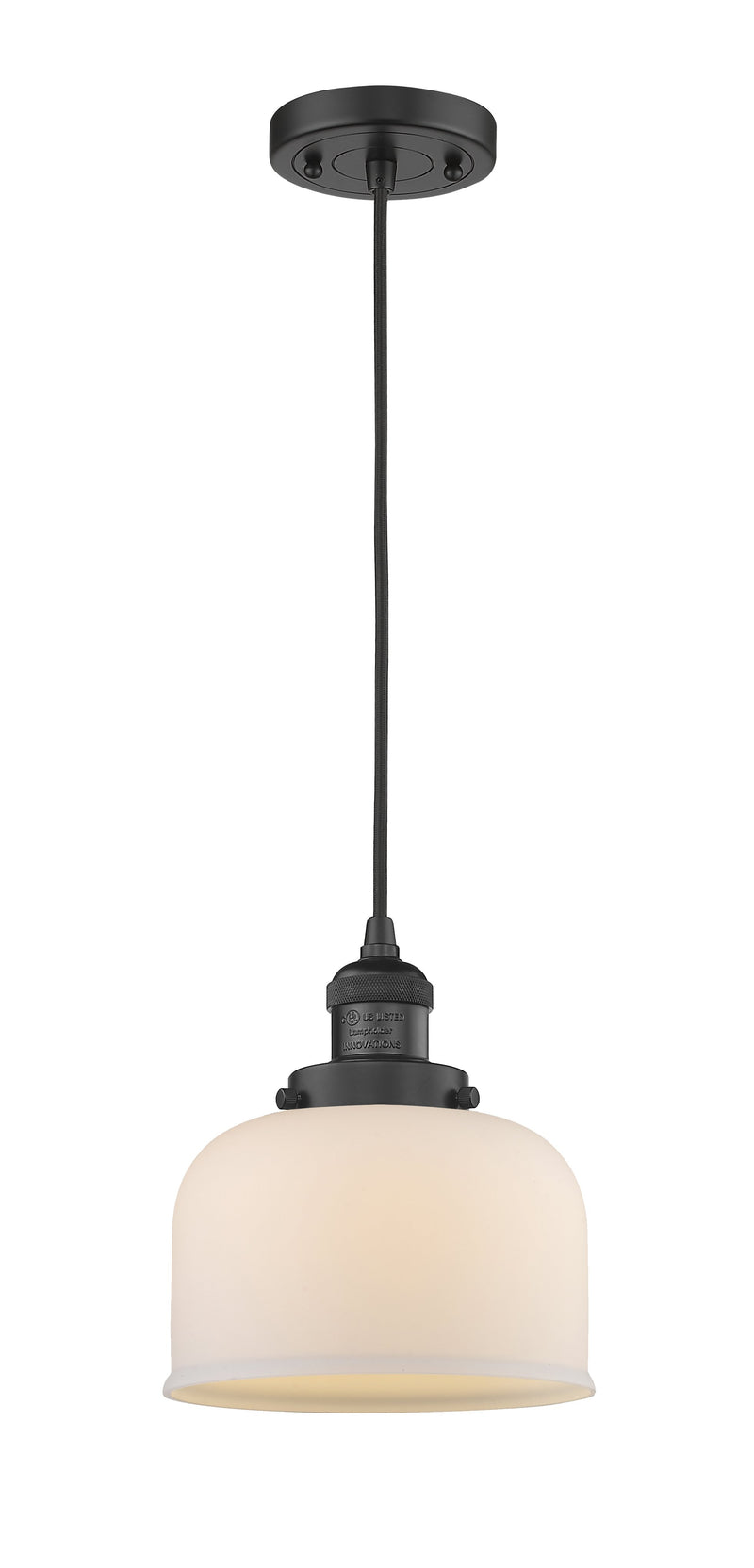 Innovations Lighting Large Bell 1-100 watt 8 inch Black Mini Pendant  Matte White Cased glass 201CBKG71