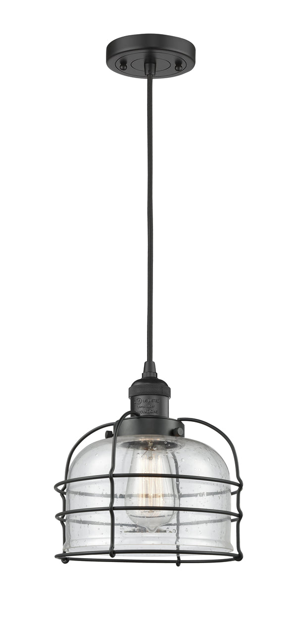 Innovations Lighting Large Bell Cage 1-100 watt 8 inch Black Mini Pendant  Seedy glass 201CBKG74CE