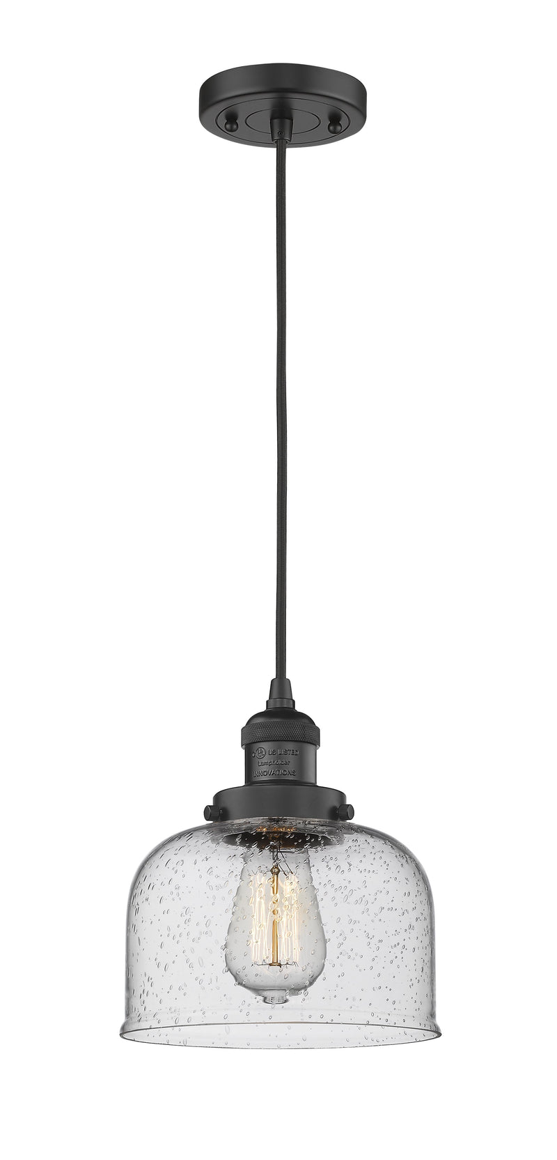 Innovations Lighting Large Bell 1-100 watt 8 inch Black Mini Pendant  Seedy glass 201CBKG74