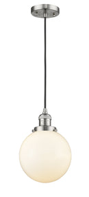 Innovations Lighting Beacon 1-100 watt 8 inch Brushed Satin Nickel Mini Pendant  Matte White Cased glass 201CSNG2018