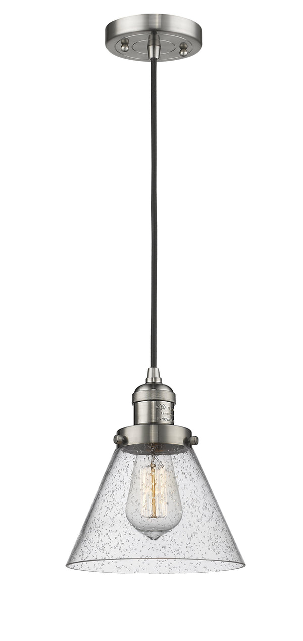 Innovations Lighting Large Cone 1-100 watt 8 inch Brushed Satin Nickel Mini Pendant  Seedy glass 201CSNG44