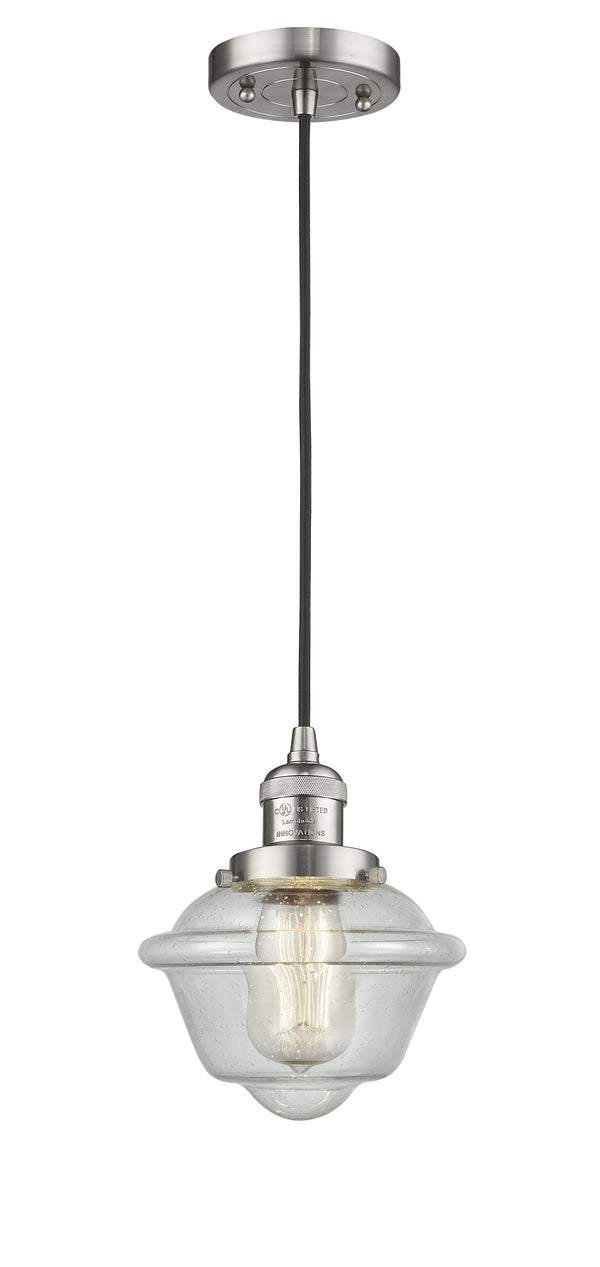 Innovations Lighting Small Oxford 1-100 watt 8 inch Brushed Satin Nickel Mini Pendant  Seedy glass 201CSNG534