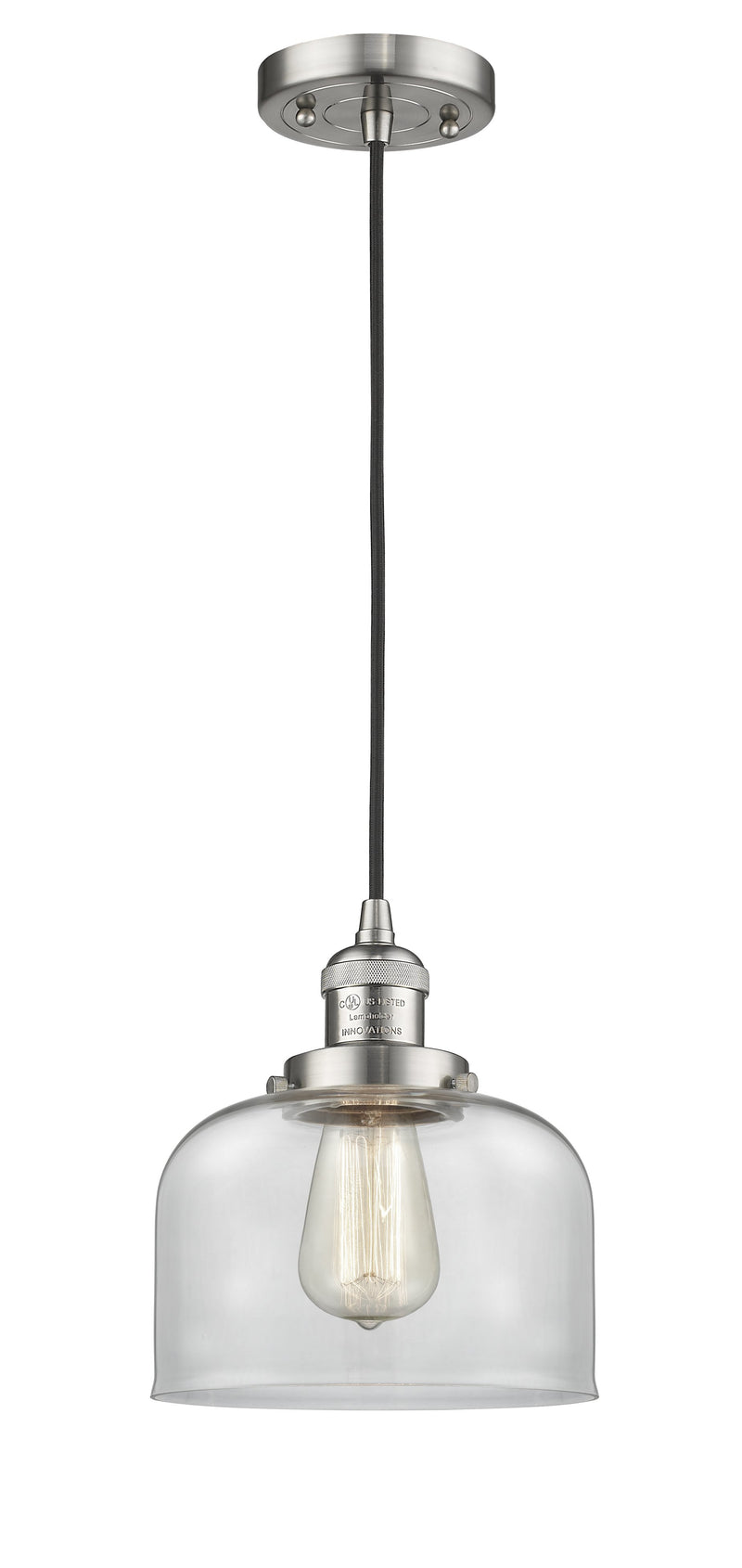 Innovations Lighting Large Bell 1-100 watt 8 inch Brushed Satin Nickel Mini Pendant  Clear glass 201CSNG72