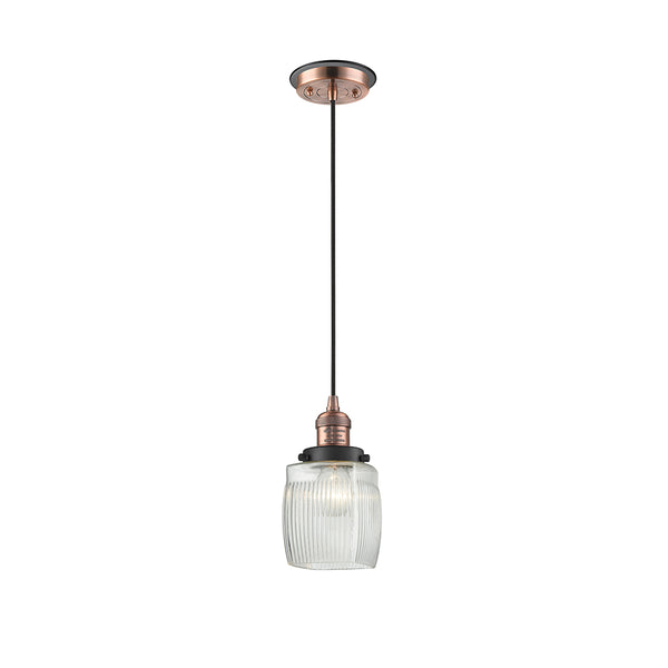 Colton Mini Pendant shown in the Antique Copper finish with a Clear Halophane shade