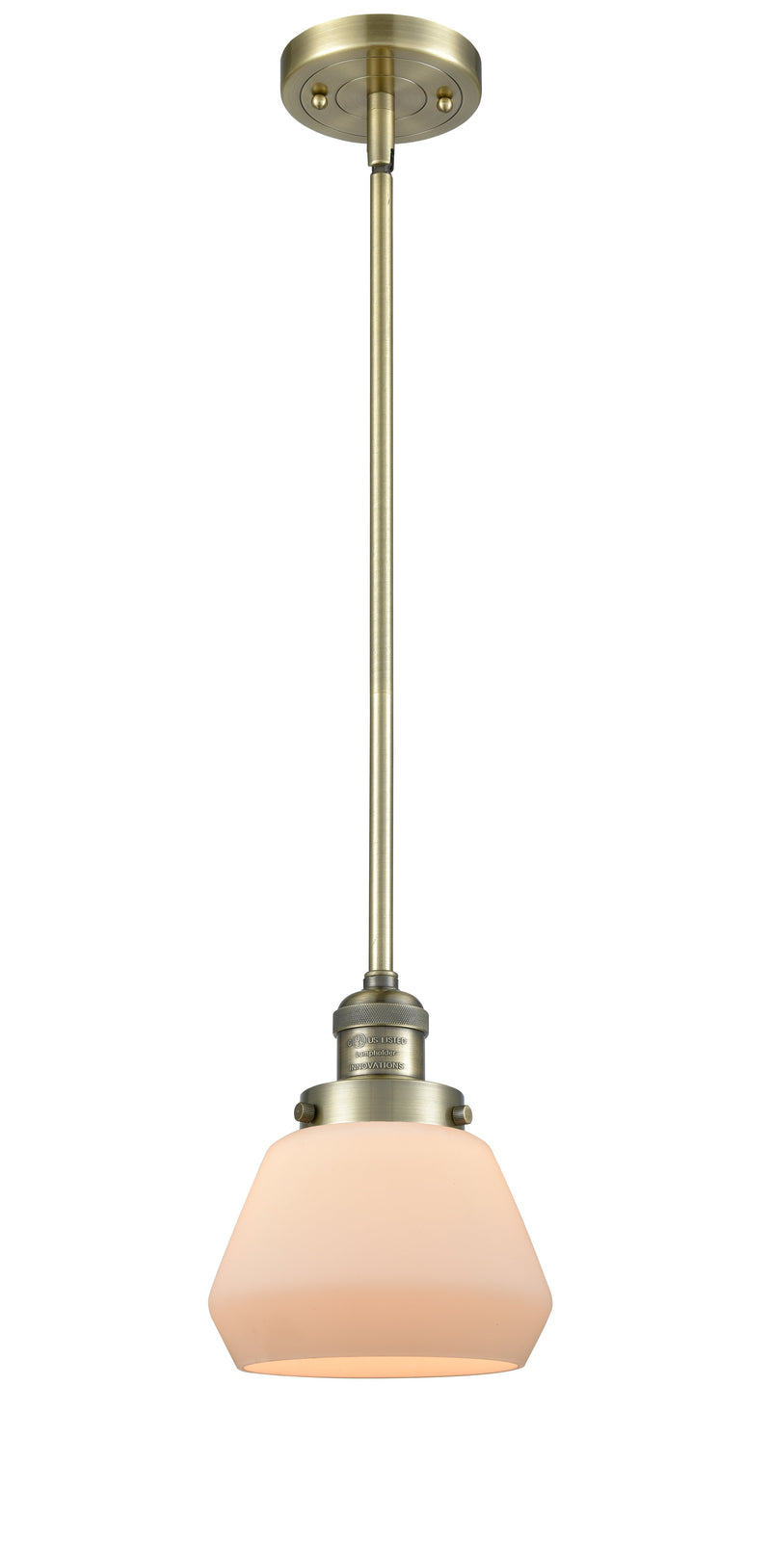 Innovations Lighting Fulton 1-100 watt 7 inch Antique Brass Mini Pendant  Matte White Cased glass   Hang Straight Swivel 201SABG171