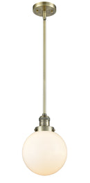 Innovations Lighting Beacon 1-100 watt 8 inch Antique Brass Mini Pendant  Matte White Cased glass   Hang Straight Swivel 201SABG2018