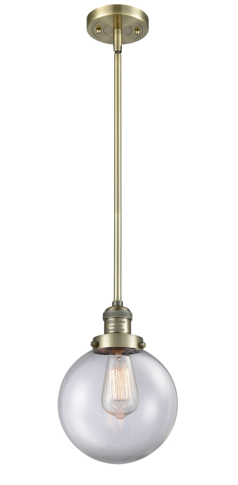 Innovations Lighting Beacon 1-100 watt 8 inch Antique Brass Mini Pendant  Clear glass   Hang Straight Swivel 201SABG2028