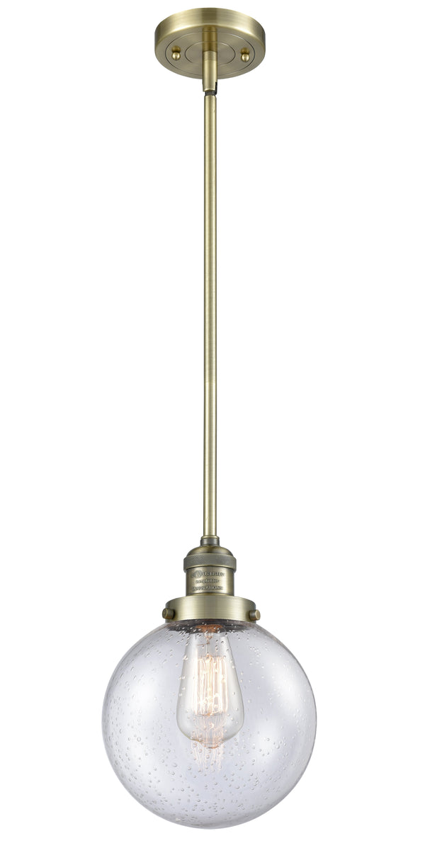 Innovations Lighting Beacon 1-100 watt 8 inch Antique Brass Mini Pendant  Seedy glass   Hang Straight Swivel 201SABG2048