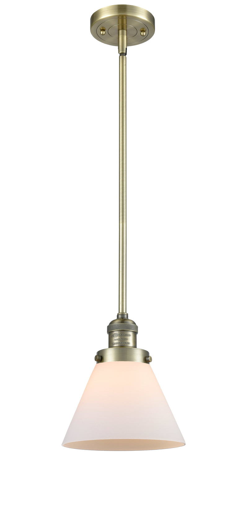 Innovations Lighting Large Cone 1-100 watt 8 inch Antique Brass Mini Pendant Matte White Cased glass  Hang Straight Swivel 201SABG41