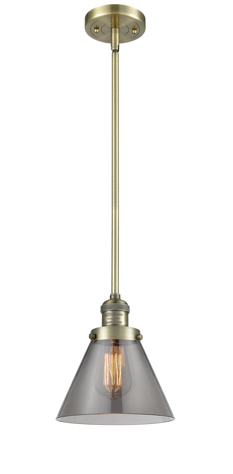 Innovations Lighting Large Cone 1-100 watt 8 inch Antique Brass Mini Pendant  Smoked glass   Hang Straight Swivel 201SABG43