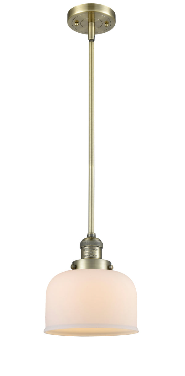 Innovations Lighting Large Bell 1-100 watt 8 inch Antique Brass Mini Pendant Matte White Cased glass  Hang Straight Swivel 201SABG71