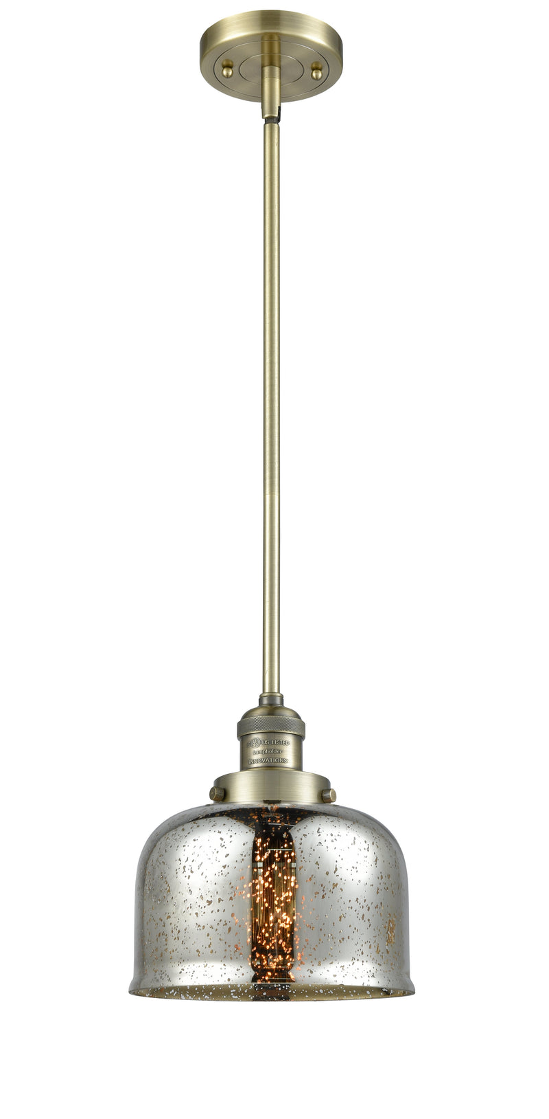 Innovations Lighting Large Bell 1-100 watt 8 inch Antique Brass Mini Pendant Silver Plated Mercury glass  Hang Straight Swivel 201SABG78