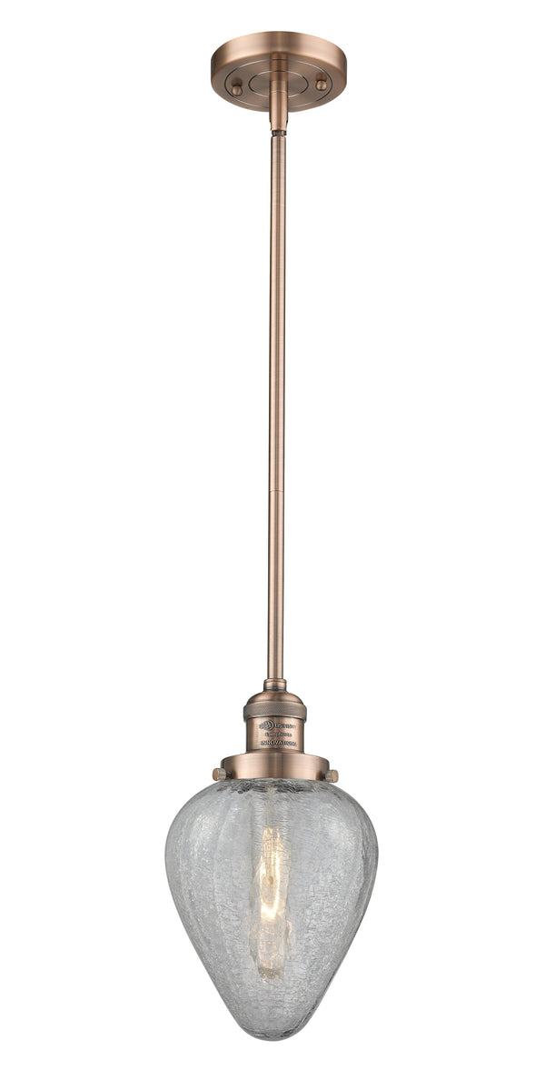 Innovations Lighting Geneseo 1-100 watt 6.5 inch Antique Copper Mini Pendant  Clear Crackle glass   Hang Straight Swivel 201SACG165