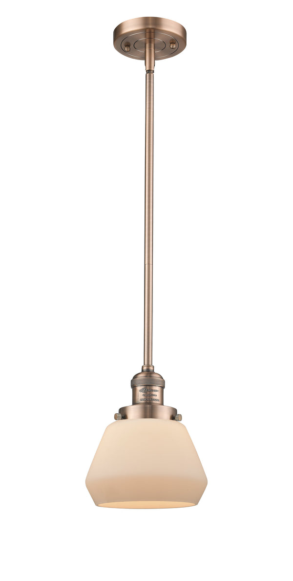 Innovations Lighting Fulton 1-100 watt 7 inch Antique Copper Mini Pendant  Matte White Cased glass   Hang Straight Swivel 201SACG171