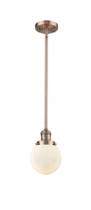 Innovations Lighting Beacon 1-100 watt 6 inch Antique Copper Mini Pendant Matte White Cased glass  Hang Straight Swivel 201SACG2016