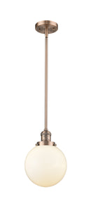 Innovations Lighting Beacon 1-100 watt 8 inch Antique Copper Mini Pendant Matte White Cased glass  Hang Straight Swivel 201SACG2018