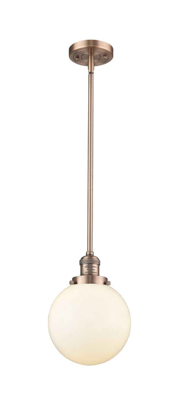 Innovations Lighting Beacon 1-100 watt 8 inch Antique Copper Mini Pendant Matte White Cased glass  Hang Straight Swivel 201SACG2018