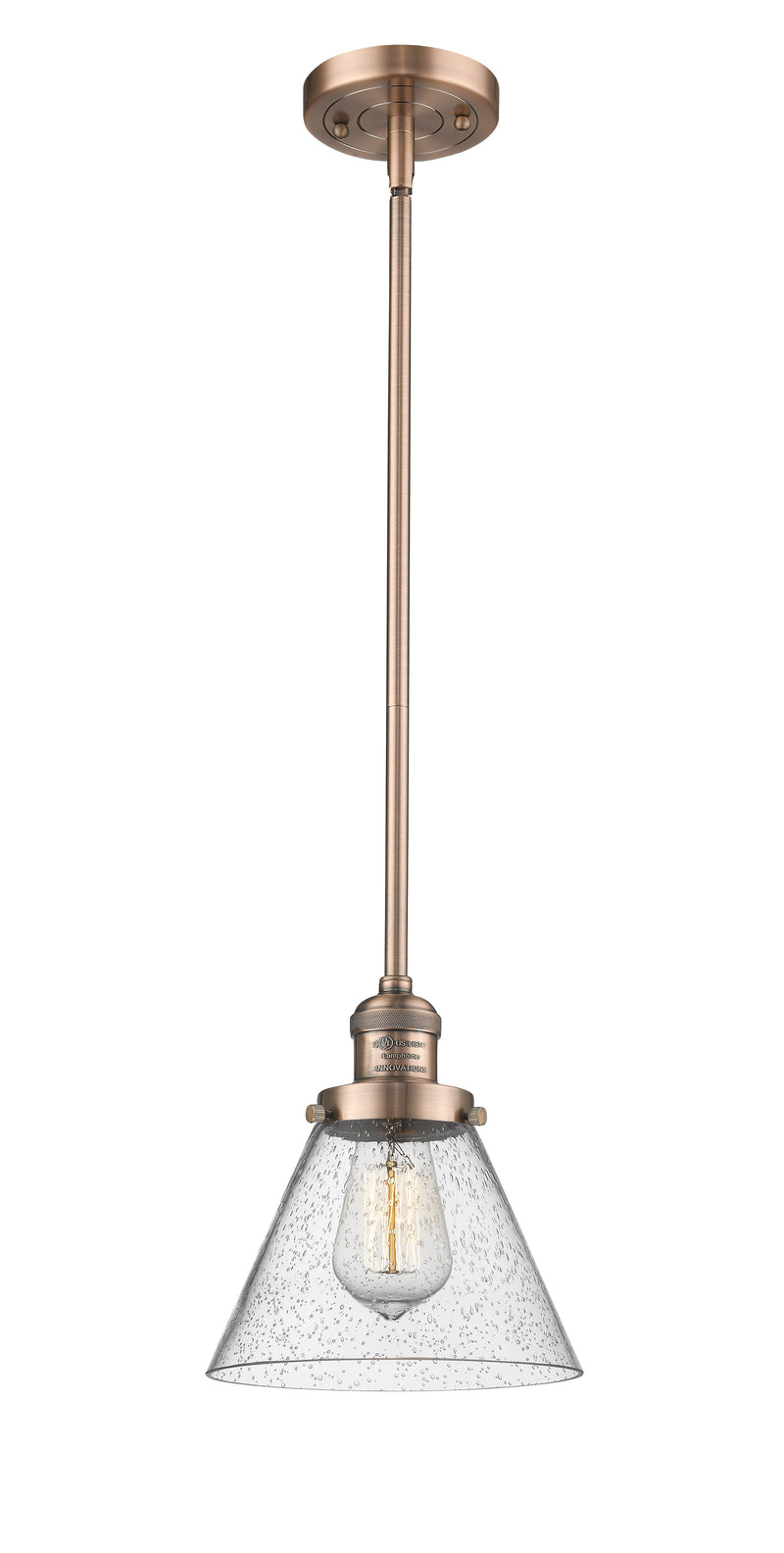 Innovations Lighting Large Cone 1-100 watt 8 inch Antique Copper Mini Pendant  Seedy glass   Hang Straight Swivel 201SACG44