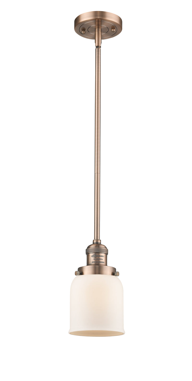 Innovations Lighting Small Bell 1-100 watt 5 inch Antique Copper Mini Pendant Matte White Cased glass  Hang Straight Swivel 201SACG51