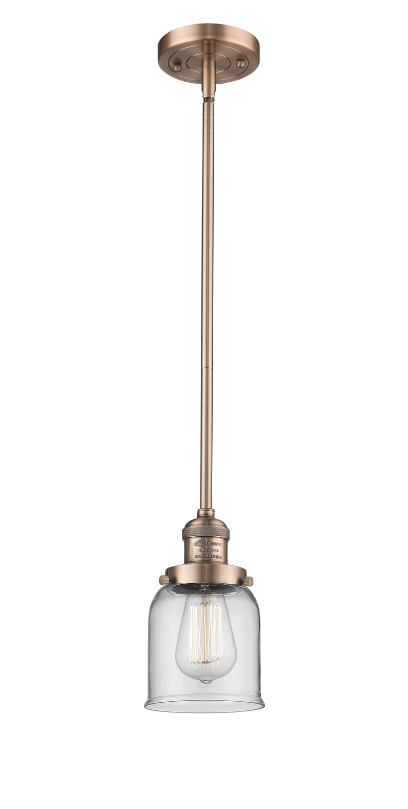 Innovations Lighting Small Bell 1-100 watt 5 inch Antique Copper Mini Pendant  Clear glass   Hang Straight Swivel 201SACG52