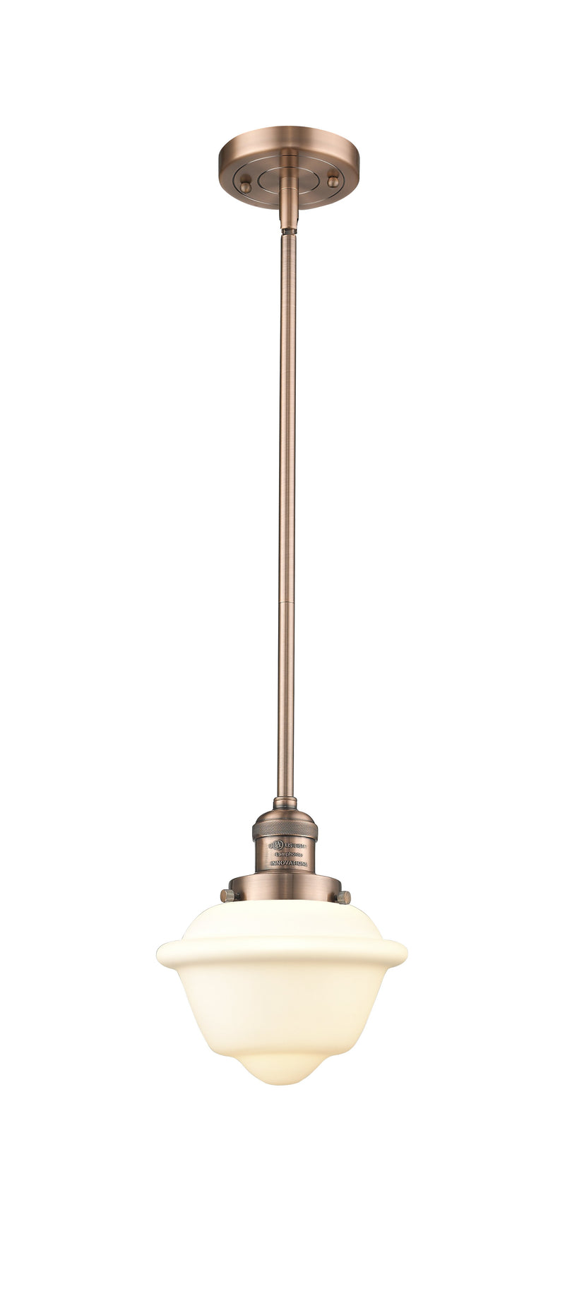 Innovations Lighting Small Oxford 1-100 watt 8 inch Antique Copper Mini Pendant Matte White Cased glass  Hang Straight Swivel 201SACG531