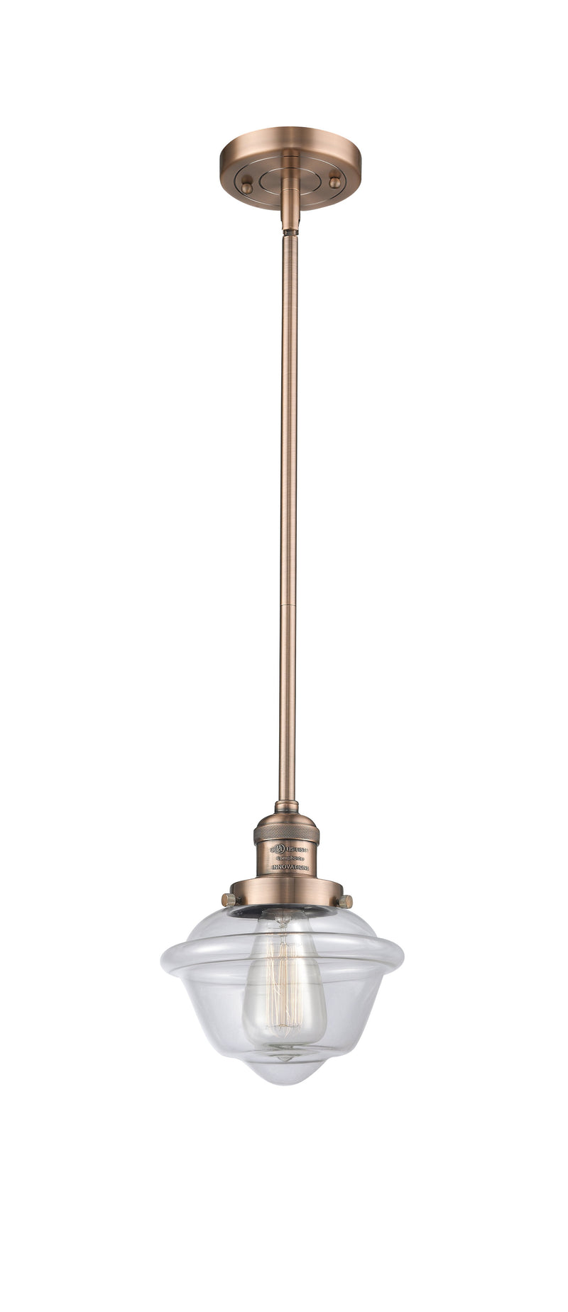 Innovations Lighting Small Oxford 1-100 watt 8 inch Antique Copper Mini Pendant  Clear glass   Hang Straight Swivel 201SACG532