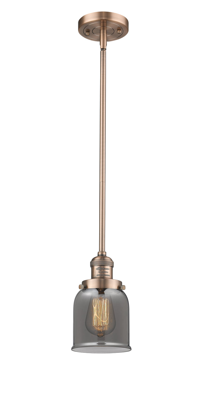 Innovations Lighting Small Bell 1-100 watt 5 inch Antique Copper Mini Pendant  Smoked glass   Hang Straight Swivel 201SACG53