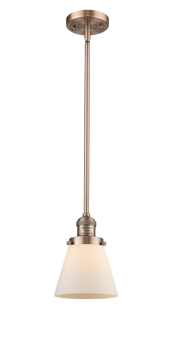 Innovations Lighting Small Cone 1-100 watt 6 inch Antique Copper Mini Pendant Matte White Cased glass  Hang Straight Swivel 201SACG61