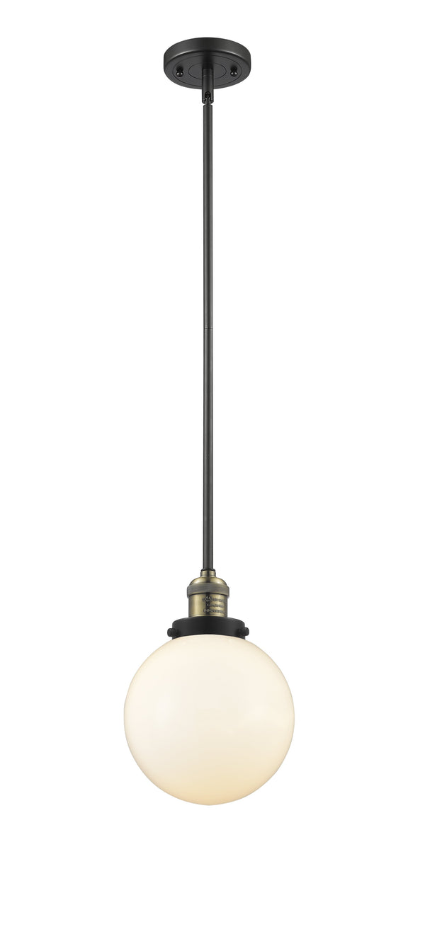 Innovations Lighting Beacon 1-100 watt 8 inch Black Antique Brass Mini Pendant Matte White Cased glass Hang Straight Swivel 201SBABG2018