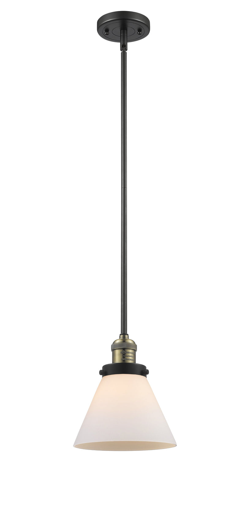 Innovations Lighting Large Cone 1-100 watt 8 inch Black Antique Brass Mini Pendant Matte White Cased glass Hang Straight Swivel 201SBABG41