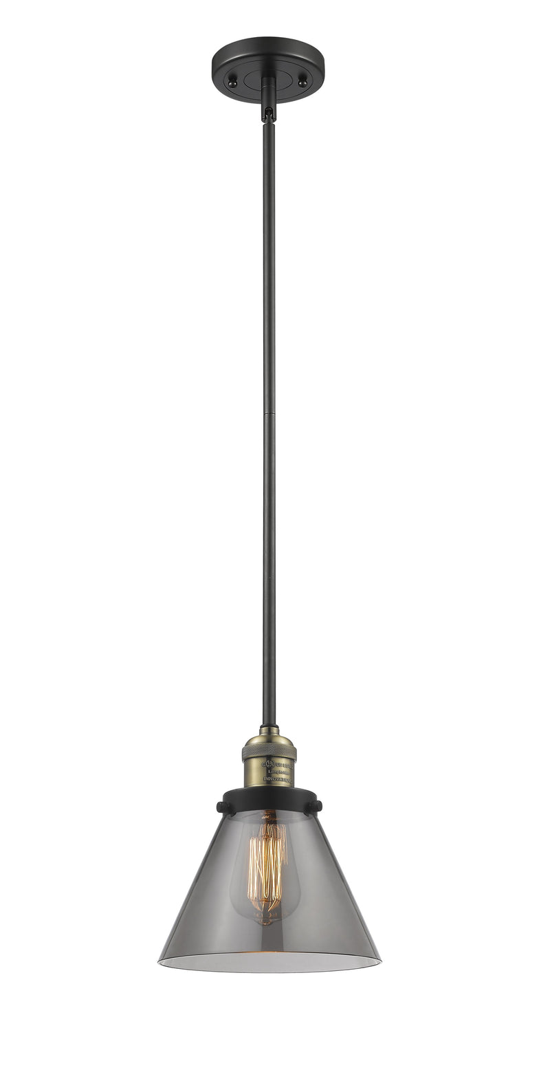 Innovations Lighting Large Cone 1-100 watt 8 inch Black Antique Brass Mini Pendant  Smoked glass   Hang Straight Swivel 201SBABG43