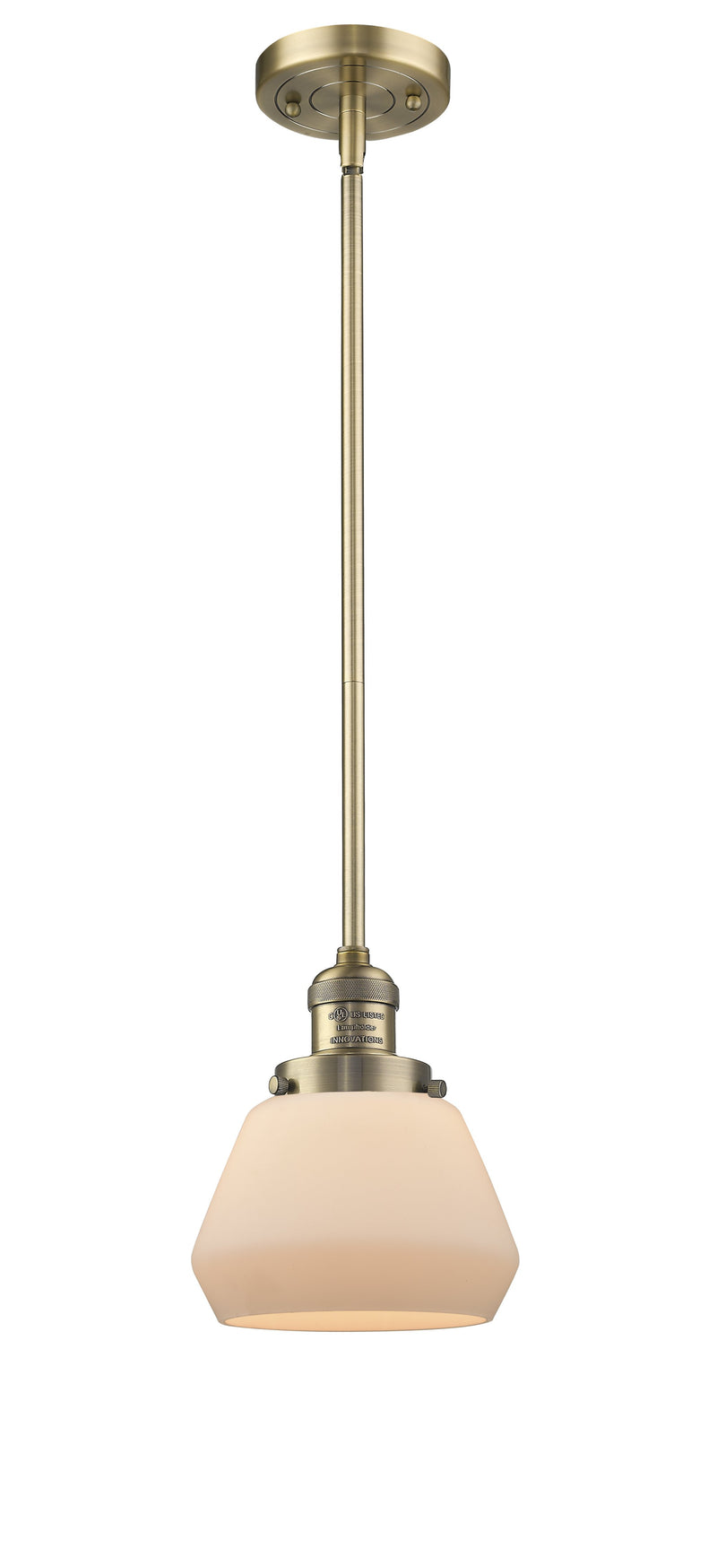 Innovations Lighting Fulton 1-100 watt 7 inch Brushed Brass Mini Pendant  Matte White Cased glass   Hang Straight Swivel 201SBBG171