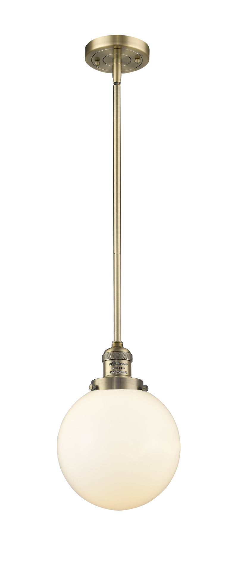 Innovations Lighting Beacon 1-100 watt 8 inch Brushed Brass Mini Pendant  Matte White Cased glass   Hang Straight Swivel 201SBBG2018