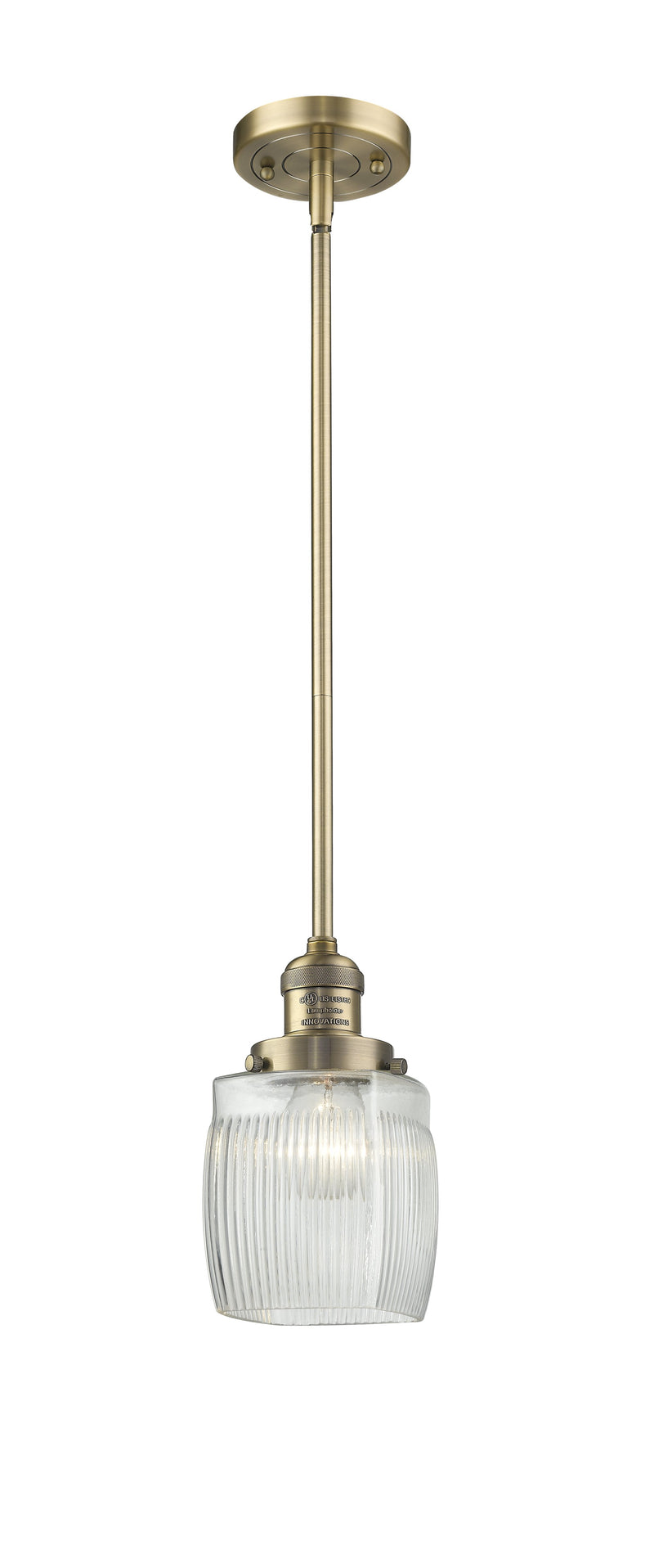 Innovations Lighting Colton 1-100 watt 8 inch Brushed Brass Mini Pendant Thick Clear Halophane glass Hang Straight Swivel 201SBBG302